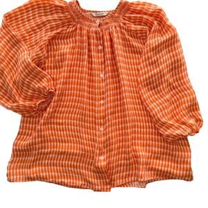 Tucker NYC Peasant Blouse Orange White Silk Medium Smocked Button Front